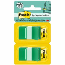 Post-it® Flags - 100 x Green - 1" x 1.75" - Rectangle - Unruled - Green - Removable - 100 / Pack