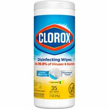 Clorox Disinfecting Cleaning Wipes - Ready-To-Use - Crisp Lemon Scent - 7" Length x 8" Width - 35 / Canister - 12 / Carton - Pleasant Scent, Disinfectant, Pre-moistened, Bleach-free - Yellow