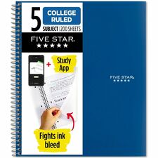 Mead Five-Star Wirebound 5-Subject Notebook - 200 Sheets - Wire Bound - 11" x 8 1/2" - White Paper - Assorted Cover - Pocket, Stiff-back, Perforated, Pocket Divider, Heavyweight, Subject, Spiral Lock - 1 Each