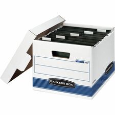 Bankers Box Hang'N'Stor Hanging File Storage Box - Internal Dimensions: 12.25" Width x 15" Depth x 9.75" Height - External Dimensions: 12.6" Width x 15.6" Depth x 10" Height - Media Size Supported: Letter - Lift-off Closure - Light Duty - Stackable - White, Blue - For File, Folder - Recycled - 4 / Carton