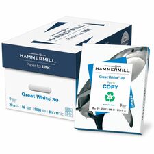 Hammermill Great White Recycled Copy Paper - White - 92 Brightness - Letter - 8 1/2" x 11" - 20 lb Basis Weight - 10 / Carton - FSC - Acid-free, Archival-safe, Jam-free