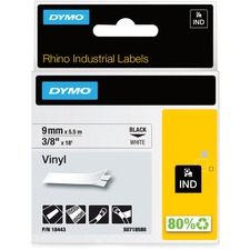 Dymo Rhino Industrial Vinyl Labels - 23/64" Width x 18 3/64 ft Length - Permanent Adhesive - Rectangle - Thermal Transfer - Black on White - Vinyl - 1 Each - Scratch Resistant, Oil Resistant