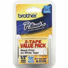 Brother P-touch Nonlaminated M Tape Value Pack - 1/2" Width - Rectangle - White - 2 / Pack - Self-adhesive