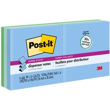 Post-it® Super Sticky Dispenser Notes - Oasis Color Collection - 540 - 3" x 3" - Square - 90 Sheets per Pad - Unruled - Aqua Wave, Neptune Blue, Orchid - Paper - Self-adhesive, Pop-up - 6 / Pack - Recycled