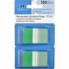 Sparco Removable Standard Flags Dispenser - 100 x Green - 1.75" x 1" - Rectangle - Green - See-through, Self-adhesive, Removable - 100 / Pack