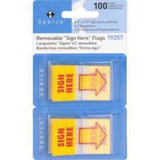 Sparco Pop-up Sign Here Flags in Dispenser - 1" x 1 3/4" - Rectangle - "SIGN HERE" - Yellow - Self-adhesive, Removable - 100 / Pack
