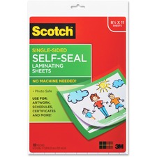 Scotch Self-Seal Laminating Pouches - Sheet Size Supported: Letter 8.50" Width x 11" Length x 9.6 mil Thickness - Laminating Pouch/Sheet Size: 9" Width x 12" Length x 6 mil Thickness - Glossy - for Document, Schedule, Presentation, Phone List, Certificate, Sign, Award, Calendar, Artwork - Acid-free, Photo-safe, Self-sealing - Clear - 10 / Pack