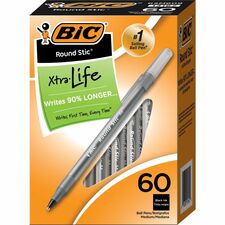 BIC Round Stic Extra Life Black Ballpoint Pens, Medium Point (1.0 mm), 60-Count Pack of Bulk Pens, Flexible Round Barrel for Writing Comfort, No. 1 Selling Ballpoint Pens - Medium Pen Point - 1 mm Pen Point Size - Black - Translucent Barrel - 60 / Box