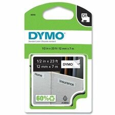 D1 Electronic Tape Cartridge, 1/2" x 23 ft, Semi-permanent Adhesive, Black/White, Polyester, 1/Each