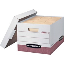 Bankers Box R-Kive File Storage Box - Internal Dimensions: 12" (304.80 mm) Width x 15" (381 mm) Depth x 10" (254 mm) Height - External Dimensions: 12.8" Width x 16.5" Depth x 10.4" Height - Media Size Supported: Letter, Legal - Lift-off Closure - Heavy Duty - Stackable - White, Red - For File - Recycled - 1 Each