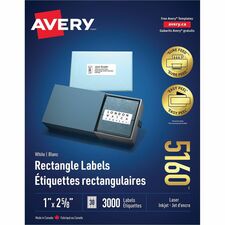 Avery Mailing Label 05160 Easy Peel - 1" Width x 2 5/8" Length - 3000 / Box - 30/Sheet - Laser - White