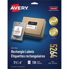Avery® TrueBlock(R) Shipping Labels, Sure Feed(TM) Technology, Permanent Adhesive, 3-1/3" x 4" , 150 Labels (5264) - 3 1/3" Height x 4" Width - Permanent Adhesive - Rectangle - Laser - Bright White - Paper - 6 / Sheet - 25 Total Sheets - 150 Total Label(s) - 150 / Pack
