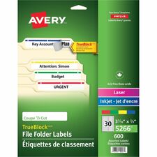 Avery Filing Labelswith TrueBlock&trade; Technology for Laser and Inkjet Printers, ?" x 3-7/16" , Assorted Colours, 600/pk - 2/3" Height x 3 7/16" Width - Permanent Adhesive - Rectangle - Laser, Inkjet - Assorted, Blue, Red, Yellow, Green, White - Paper - 30 / Sheet - 25 Total Sheets - 750 Total Label(s) - 600 / Pack