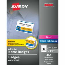 Avery Flexible Name Badgesfor Laser and Inkjet Printers, 3?" x 2?" , White - 2 1/3" Height x 3 3/8" Width - Removable Adhesive - Rectangle - Laser, Inkjet - Matte - White - Film - 8 / Sheet - 50 Total Sheets - 400 Total Label(s) - 400 / Box - PVC-free, Removable, Curl Resistant, Flexible, Customizable
