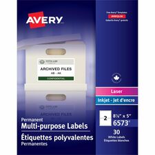 Avery® Identification Label - 8 1/8" Width x 5" Length - Permanent Adhesive - Rectangle - Laser, Inkjet - White - 2 / Sheet - 30 / Pack