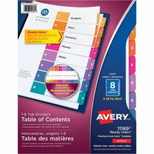 Avery Ready Index Table of Content Dividersfor Laser and Inkjet Printers, 8 tabs, 6 sets - 8 Printed Tab(s) - Digit - 8.50" Divider Width x 11" Divider Length - Letter - Clear Divider - Multicolor Tab(s) - Recycled - Punched, Reinforced Tab, Rei