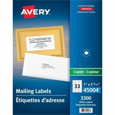 AveryÂ® Address Label - 2 13/16" Width x 1" Length - Permanent Adhesive - Rectangle - White - 3300 / Box