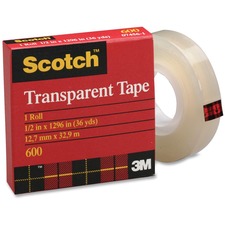 3M Scotch Glossy Transparent Tape - 36 yd (32.9 m) Length x 0.50" (12.7 mm) Width - 1" Core - Long Lasting - For Sealing, Label Protection, Wrapping, Mending - 1 Each