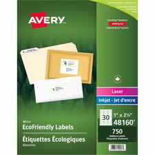 AveryÂ® EcoFriendly Address Labels - 1" Width x 2 5/8" Length - Permanent Adhesive - Rectangle - Laser, Inkjet - White - Paper - 30 / Sheet - 25 Total Sheets - 750 Total Label(s) - 1 / Box