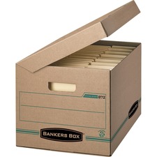 Bankers Box Enviro Stor Storage Case - External Dimensions: 12" Width x 15" Depth x 10" Height - Media Size Supported: Letter 8.50" (215.90 mm) x 11" (279.40 mm), Legal 8.50" (215.90 mm) x 14" (355.60 mm) - Flip Top Closure - Triple End/Single Side/Double Bottom Wall - Stackable - Green, Kraft - For Stacking, Shelving - Recycled - 1 Each