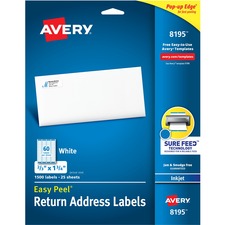AveryÂ® Easy Peel(R) Return Address Labels, Sure Feed(TM) Technology, Permanent Adhesive, 2/3" x 1-3/4" , 1,500 Labels (8195) - 2/3" Height x 1 3/4" Width - Permanent Adhesive - Rectangle - Inkjet - Bright White - Paper - 60 / Sheet - 25 Total Sheets - 1500 Total Label(s) - 15 / Pack