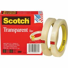 Scotch Transparent Tape - 1/2"W - 72 yd Length x 0.50" Width - 3" Core - Long Lasting, Moisture Resistant, Stain Resistant - For Sealing, Label Protection, Wrapping, Mending - 2 / Pack - Clear