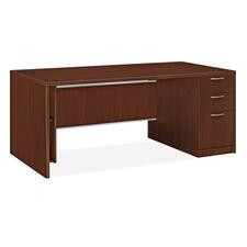 HON Attune Laminate Series Pedestal Desk - 3-Drawer - 72" x 36" x 29.5" - 3 x Box, File Drawer(s) - Single Pedestal on Right Side - Material: Wood Grain - Finish: Laminate, Mahogany - Grommet, Durable, Abrasion Resistant, Stain Resistant, Modesty Panel