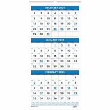 House of Doolittle Three-month Vertical Wall Calendar - Monthly - 14 Month - December 2024 - January 2026 - 3 Month Single Page Layout - 12 1/4" x 27" Sheet Size - Wire Bound - Blue - Paper - 26" Height x 12.3" Width - Eyelet - 1 Each