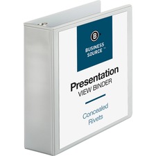 Business Source Round Ring Standard View Binders - 3" Binder Capacity - Letter - 8 1/2" x 11" Sheet Size - 625 Sheet Capacity - 3 x Ring Fastener(s) - 2 Internal Pocket(s) - White - 680.4 g - Concealed Rivet, Non Locking Mechanism, Clear Overlay, Sheet Lifter - 1 Each
