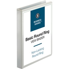 Business Source Round-ring View Binder - 1" Binder Capacity - Letter - 8 1/2" x 11" Sheet Size - 225 Sheet Capacity - Round Ring Fastener(s) - 2 Internal Pocket(s) - Polypropylene, Chipboard - White - No - Wrinkle-free, Gap-free Ring, Clear Overlay, Non Locking Mechanism, Sturdy, Non-glare, Durable - 1 Each