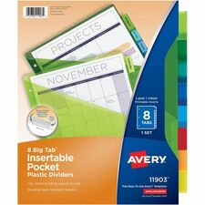 Avery® Big Tab™ Insertable Plastic Dividers with Pockets for Laser and Inkjet Printers, 9¼" x 11?" , 8 tabs, 1 set - 8 x Divider(s) - 8 - 8 Tab(s)/Set - 9.25" Divider Width x 11.13" Divider Length - 3 Hole Punched - Translucent Plastic, Multicolor Divider - Multicolor Plastic Tab(s)