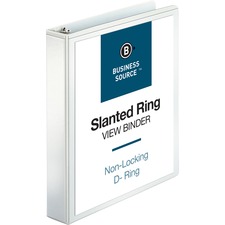 Business Source Basic D-Ring View Binder - 1 1/2" Binder Capacity - Letter - 8 1/2" x 11" Sheet Size - 375 Sheet Capacity - 3 x D-Ring Fastener(s) - Polypropylene, Chipboard - White - 508 g - Clear Overlay, Spine Label, Non-glare, Sturdy, Exposed Rivet - 1 Each