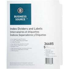 Business Source Punched Laser Index Dividers - 5 Blank Tab(s) - 8.50" Divider Width x 11" Divider Length - Letter - 3 Hole Punched - White Paper Divider - White Tab(s) - 25 / Box
