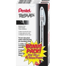 Pentel R.S.V.P. Ballpoint Stick Pens - Medium Pen Point - Refillable - Black - Clear Barrel - Stainless Steel Tip - 24 / Pack
