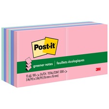 Post-it® Greener Dispenser Notes - Sweet Sprinkles Color Collection - 1200 - 3" x 3" - Square - 100 Sheets per Pad - Unruled - Positively Pink, Fresh Mint, Moonstone - Paper - Repositionable, Pop-up - 12 / Pack - Recycled