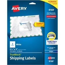 Avery White Rectangle Labels with Sure Feed&trade; Technology, TrueBlock, 3" x 5" , for Laser and Inkjet Printers - 3 1/2" Height x 5" Width - Permanent Adhesive - Rectangle - Inkjet - White - Paper - 4 / Sheet - 25 Total Sheets - 100 Total Label(s) - 100 / Pack