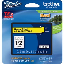 Brother P-touch TZe Laminated Tape Cartridges - 1/2" - Rectangle - Yellow - 1 Each - Grease Resistant, Grime Resistant, Temperature Resistant