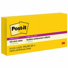 Post-itÂ® Super Sticky Full Adhesive Notes - 300 x Yellow - 3" x 3" - Square - 25 Sheets per Pad - Unruled - Sunnyside - Paper - 12 / Pack