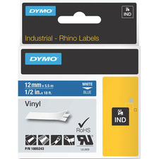Dymo White on Blue Color Coded Label - 15/32" (12 mm) Width - Permanent Adhesive - Thermal Transfer - Blue - Vinyl - Water Resistant - Easy Peel - 1 Each