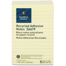 Business Source Yellow Adhesive Notes - 4" x 6" - Rectangle - Ruled - Yellow - Self-adhesive, Removable - 5 / Pack