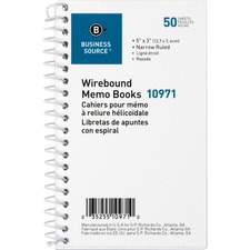 Business Source Side Wirebound Ruled Memo Book - 50 Sheet(s) - Wire Bound - 3" (7.6 cm) x 5" (12.7 cm) Sheet Size - White - 1 Dozen