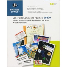 Business Source Letter Size Laminating Pouches - Laminating Pouch/Sheet Size: 9" Width x 11.50" Length x 3 mil Thickness - for Document, ID Badge, Menu, Photo - Clear - 100 / Box