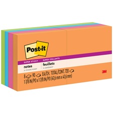 Post-itÂ® Super Sticky Notes - Energy Boost Color Collection - 720 - 2" x 2" - Square - 90 Sheets per Pad - Unruled - Vital Orange, Tropical Pink, Limeade, Blue Paradise - Paper - Self-adhesive - 8 / Pack