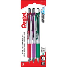 EnerGel RTX Liquid Gel Pen - 0.7 mm Pen Point Size - Refillable - Retractable - Red, Purple, Green Gel-based Ink - Metal Tip - 3 Pack