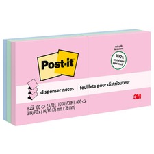 Post-itÂ® Greener Dispenser Notes - Sweet Sprinkles Color Collection - 600 - 3" x 3" - Square - 100 Sheets per Pad - Unruled - Positively Pink, Fresh Mint, Moonstone - Paper - Repositionable, Self-adhesive - Recycled