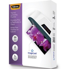 Fellowes Thermal Laminating Pouches - ImageLastâ„¢, Jam Free, Letter, 3mil, 200 pack - Laminating Pouch/Sheet Size: 9" Width x 3 mil Thickness - UV Resistant, Fade Resistant, Jam-free - Clear - 200 / Pack