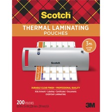 Scotch Thermal Laminating Pouches - Laminating Pouch/Sheet Size: 9" Width x 11.50" Length x 3 mil Thickness - Glossy - for Document, Photo, Schedule, Presentation, Phone List, Certificate, Sign, Award, Calendar, Artwork - Double Sided, Photo-safe - Clear - 200 / Pack