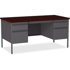 Lorell Fortress Series Double-Pedestal Desk - For - Table TopRectangle Top x 60" Table Top Width x 30" Table Top Depth x 1.1" Table Top Thickness - 29.5" Height - Assembly Required - Laminated, Mahogany - Steel - 1 Each