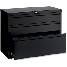 Lorell 36" Lateral File Cabinet - 3-Drawer - 36" x 18.6" x 28" - 3 x Drawer(s) for Box, File - A4, Legal, Letter - Lateral - Hanging Rail, Locking Drawer, Ball-bearing Suspension, Magnetic Label Holder, Interlocking, Durable, Reinforced Base, Leveling Glide, Anti-tip - Black - Baked Enamel - Steel - Recycled