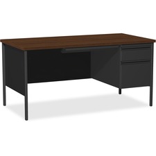 Lorell Fortress Series Right-Pedestal Desk - Laminated Rectangle, Walnut Top - 30" Table Top Length x 66" Table Top Width x 1.1" Table Top Thickness - 29.5" Height - Assembly Required - Black Walnut - Steel